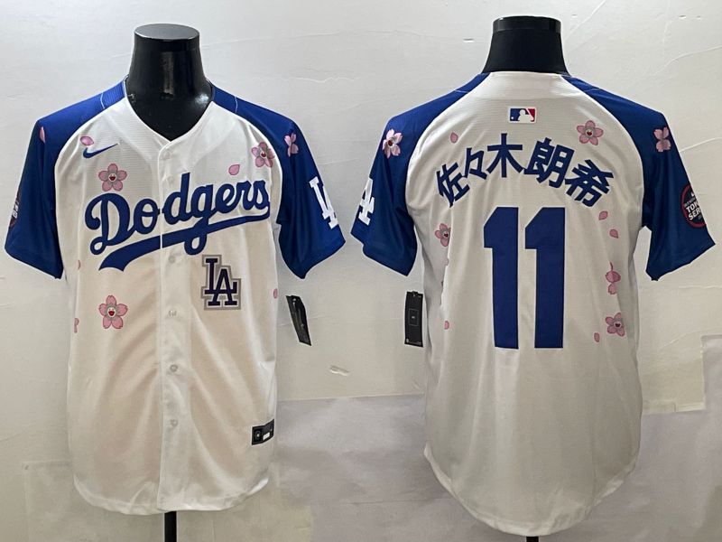 Men Los Angeles Dodgers #11 R.Sasaki White Blue Sakura Edition 2025 Nike MLB Jersey style 9->los angeles dodgers->MLB Jersey